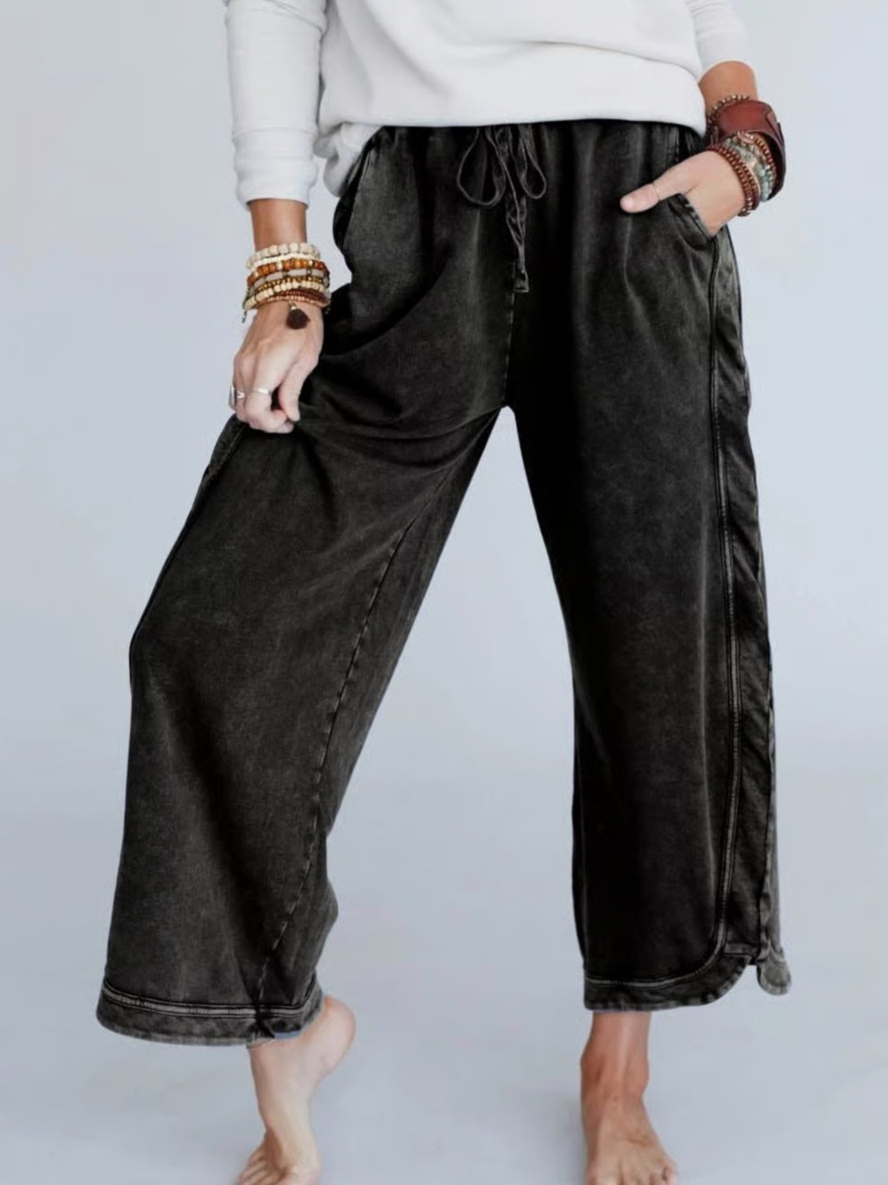 Three Bird Nest Black So Comfy Wide Leg Pant Cropped Length - Small